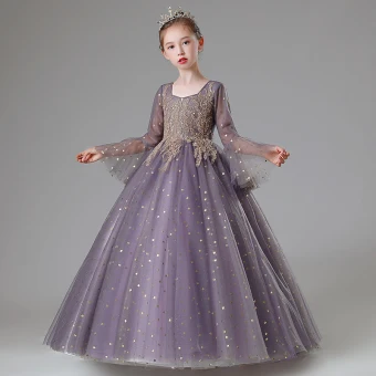 Elegant Lilac Beading Lace Flower Rhinestone Birthday Flower Girl Dresses 2022 Ball Gown Square Neckline Star Sequins Bell Sleeves Floor Length Long Flower Girl Dresses