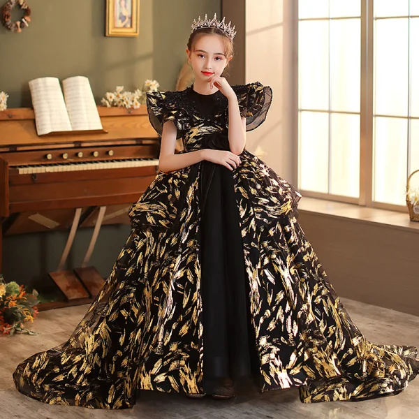 Fashion Black Gold Beading Lace Flower Birthday Flower Girl Dresses 2022 Ball Gown Scoop Neck Short Sleeve Backless Court Train Flower Girl Dresses