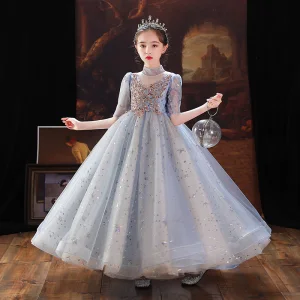 Chic Beautiful Sky Blue Birthday Flower Girl Dresses 2022 Ball Gown High Neck Beading Sequins 1 2 Sleeves Floor Length Long Flower Girl Dresses