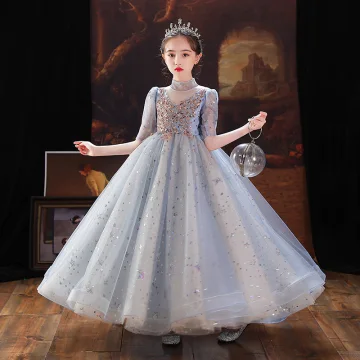 Chic Belle Bleu Ciel Anniversaire Robe Ceremonie Fille 2022 Robe Boule Col Haut Perlage Paillettes 1 2 Manches Longue Robe Ceremonie Fille