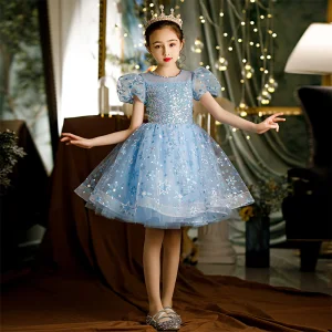 Chic Beautiful Sky Blue Glitter Beading Sequins Birthday Flower Girl Dresses 2022 Ball Gown Scoop Neck Short Sleeve Knee Length Flower Girl Dresses