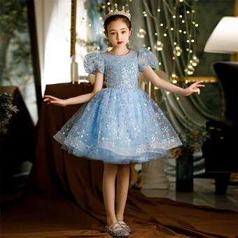Chic Belle Bleu Ciel Glitter Perlage Paillettes Anniversaire Robe Ceremonie Fille 2022 Robe Boule Encolure Dégagée Manches Courtes Mi Longues Robe Ceremonie Fille