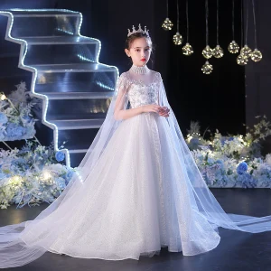 Chic Beautiful White Beading Pearl Sequins Rhinestone Birthday Flower Girl Dresses 2022 Ball Gown High Neck Short Sleeve Chapel Train Flower Girl Dresses
