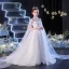 Chic / Beautiful White Beading Pearl Sequins Rhinestone Birthday Flower Girl Dresses 2022 Ball Gown High Neck Short Sleeve Chapel Train Flower Girl Dresses