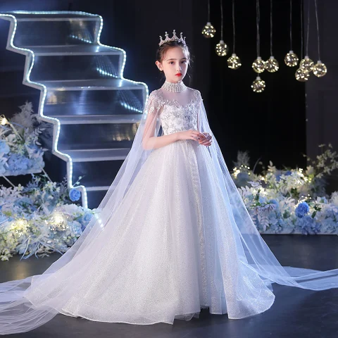 Schöne Weiß Perlenstickerei Perle Pailletten Strass Geburtstag Blumenmädchenkleider 2022 Ballkleid Stehkragen Kurze Ärmel Kapelle-Schleppe Blumenmädchenkleider