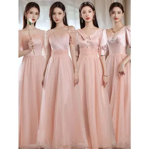 Simple Perle Rose Robe Demoiselle D Honneur 2022 Princesse V Cou Manches Courtes Dos Nu Longue Demoiselle D Honneur Robe Pour Mariage