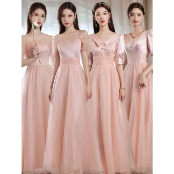 Modest Simple Pearl Pink Bridesmaid Dresses 2022 A Line Princess V Neck Short Sleeve Backless Floor Length Long Bridesmaid Wedding Party Dresses