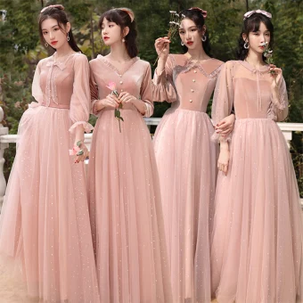 Chic Belle Rose Sombre Daim Robe Demoiselle D Honneur 2022 Princesse Perle Paillettes Manches Longues Dos Nu Longue Robe Pour Mariage