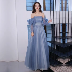 Chic Belle Bleu Ciel Robe De Bal 2022 Princesse Bustier Noeud Manches Courtes Paillettes Dos Nu Longue Robe De Ceremonie