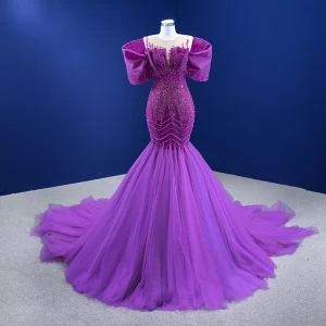 High End Fuchsia Beading Perle Paljetter Ballkjoler 2022 Trompet Havfrue Scoop Halsen Puffy Korte Ermer Chapel Train Formelle Kjoler