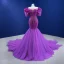 High-end Fuchsia Beading Pearl Sequins Prom Dresses 2022 Trumpet / Mermaid Scoop Neck Puffy Short Sleeve Chapel Train Formal Dresses