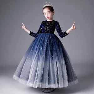 Élégant Bleu Marine Étoile Paillettes Robe Ceremonie Fille 2022 Robe Boule Encolure Dégagée Manches Longues Longue Robe Ceremonie Fille