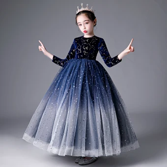 Élégant Bleu Marine Étoile Paillettes Robe Ceremonie Fille 2022 Robe Boule Encolure Dégagée Manches Longues Longue Robe Ceremonie Fille