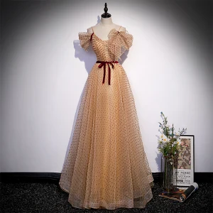 Chic Belle Champagne Tachetée Robe De Bal 2022 Princesse Bretelles Spaghetti Manches Courtes Noeud Ceinture Dos Nu Longue Robe De Ceremonie