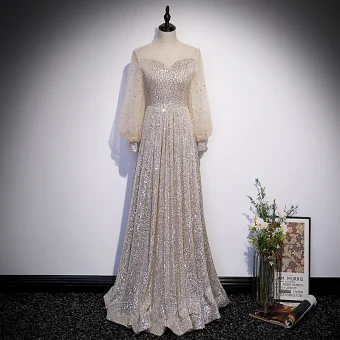 Scintillantes Champagne Paillettes Robe De Bal 2022 Princesse Encolure Dégagée Manches Longues Longue Promo Robe De Ceremonie