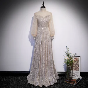 Scintillantes Champagne Paillettes Robe De Bal 2022 Princesse Encolure Dégagée Manches Longues Longue Promo Robe De Ceremonie