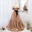 Fashion Champagne Pleated Prom Dresses 2022 A-Line / Princess Off-The-Shoulder Short Sleeve Backless Bow Sweep Train Prom Formal Dresses