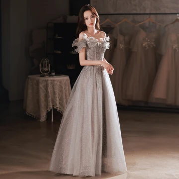 Charming Silver Prom Dresses 2022 A Line Princess Off The Shoulder Short Sleeve Backless Floor Length Long Formal Dresses