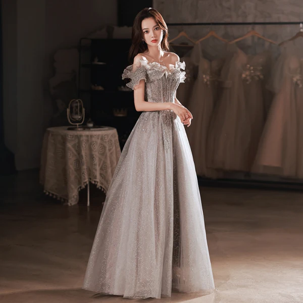 Charming Silver Prom Dresses 2022 A-Line / Princess Off-The-Shoulder Short  Sleeve Backless Floor-Length / Long Formal Dresses