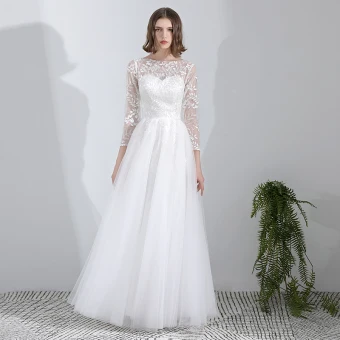Modest Simple White Lace Flower Light Wedding Dresses 2022 A Line Princess Scoop Neck 3 4 Sleeve Floor Length Long Wedding