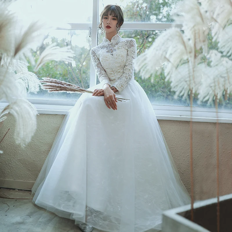 navy blue dress for baby girl Elegant Illusion Long Sleeve High Neck A-Line Wedding Dress with Pearl EU34 main image 1