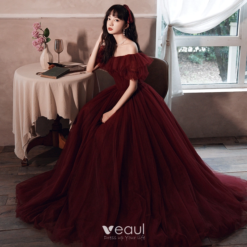 Burgundy off shoulder prom dress store