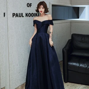 Chic Belle Bleu Marine Glitter Satin Robe De Bal 2022 Princesse De L Épaule Manches Courtes Dos Nu Longue Robe De Ceremonie
