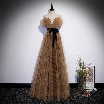 Chic Beautiful Champagne Spotted Prom Dresses 2022 A Line Princess Off The Shoulder Short Sleeve Backless Bow Floor Length Long Formal Dresses