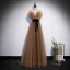 Chic / Beautiful Champagne Spotted Prom Dresses 2022 A-Line / Princess Off-The-Shoulder Short Sleeve Backless Bow Floor-Length / Long Formal Dresses