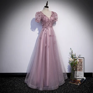 Élégant Lavande Robe De Bal 2022 Princesse V Cou Perlage Appliques Paillettes Manches Courtes Dos Nu Longue Robe De Ceremonie