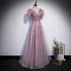 Élégant Lavande Robe De Bal 2022 Princesse V-Cou Perlage Appliques Paillettes Manches Courtes Dos Nu Longue Robe De Ceremonie