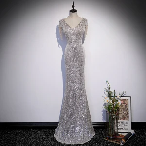 Sparkly Silver Sequins Evening Dresses 2022 Trumpet Mermaid V Neck Short Sleeve Backless Floor Length Long Formal Dresses