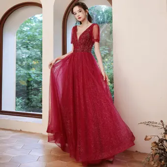 Scintillantes Bordeaux Glitter Robe De Bal 2022 Princesse V Cou Manches Courtes Dos Nu Faux Diamant Longue Robe De Ceremonie