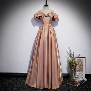 Chic Beautiful Champagne Satin Prom Dresses 2022 A Line Princess Off The Shoulder Short Sleeve Backless Floor Length Long Formal Dresses