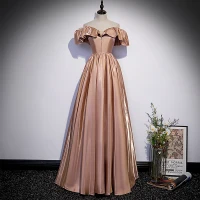 Chic / Belle Champagne Satin Robe De Bal 2022 Princesse De l'épaule Manches Courtes Dos Nu Longue Robe De Ceremonie