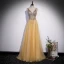 Chic / Beautiful Yellow Beading Sequins Prom Dresses 2022 A-Line / Princess V-Neck Sleeveless Backless Floor-Length / Long Formal Dresses