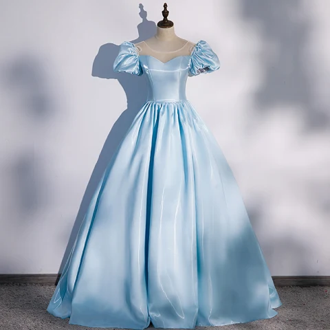 Elegante Himmelblau Satin Ballkleider 2022 Ballkleid Rundhalsausschnitt Perlenstickerei Schleife Geschwollenes Kurze Ärmel Rückenfreies Lange Festliche Kleider