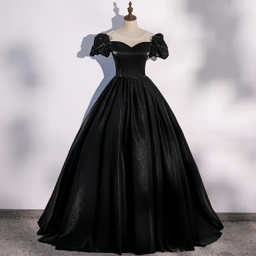 Elegant Black Satin Prom Dresses 2022 Ball Gown Scoop Neck Puffy Short Sleeve Beading Bow Backless Floor Length Long Formal Dresses