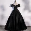 Elegant Black Satin Prom Dresses 2022 Ball Gown Scoop Neck Puffy Short Sleeve Beading Bow Backless Floor-Length / Long Formal Dresses