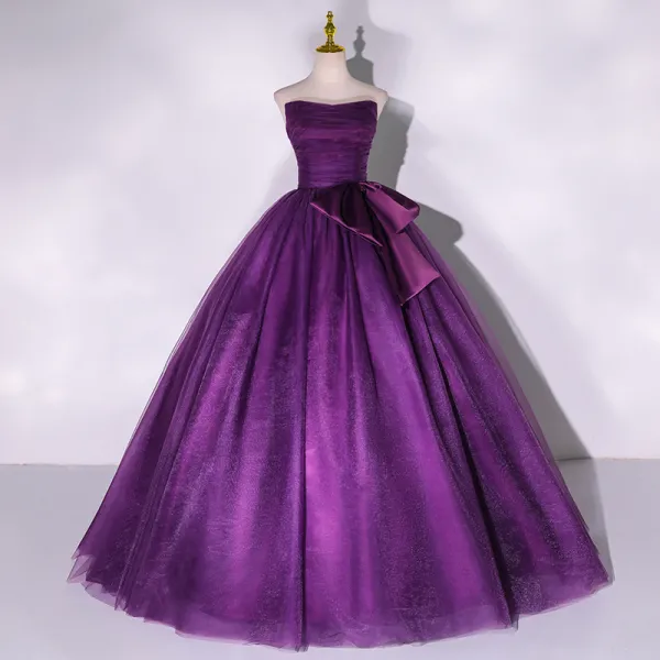 Elegant Purple Prom Dresses 2022 Strapless Sleeveless Backless Bow Floor-Length / Long Formal Dresses