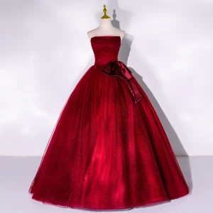 Élégant Bordeaux Robe De Bal 2022 Robe Boule Bustier Sans Manches Dos Nu Noeud Longue Robe De Ceremonie