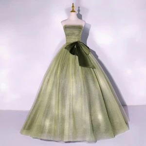 Élégant Vert Cendré Robe De Bal 2022 Robe Boule Bustier Sans Manches Dos Nu Noeud Longue Robe De Ceremonie