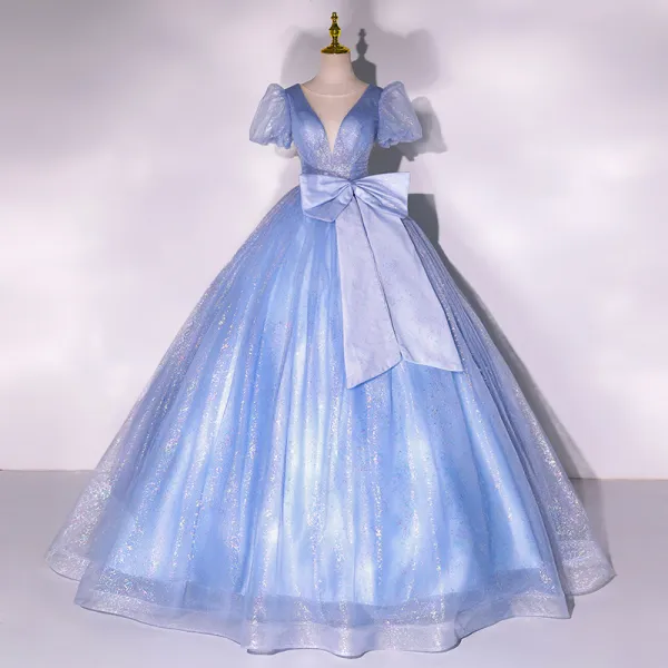 Elegant Glitter Sky Blue Sequins Prom Dresses 2022 Ball Gown Scoop Neck Short Sleeve Backless Bow Floor-Length / Long Formal Dresses