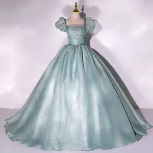Simple Vert Citron Robe De Bal 2022 Robe Boule Encolure Carrée Gonflée Manches Courtes Dos Nu Longue Robe De Ceremonie