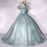 Sencillos Verde Lima Vestidos de gala 2022 Ball Gown Escote Cuadrado Hinchado Manga Corta Sin Espalda Largos Vestidos Formales