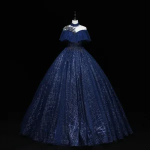Vintage Originale Bleu Marine Robe De Bal 2022 Robe Boule Col Haut Glitter Perlage Paillettes En Dentelle Fleur Manches Courtes Dos Nu Longue Robe De Ceremonie