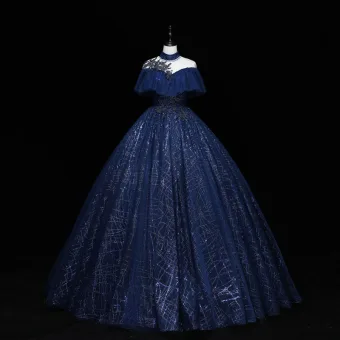 Vintage Originale Bleu Marine Robe De Bal 2022 Robe Boule Col Haut Glitter Perlage Paillettes En Dentelle Fleur Manches Courtes Dos Nu Longue Robe De Ceremonie