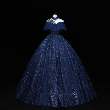 Vintage Retro Navy Blue Prom Dresses 2022 Ball Gown High Neck Glitter Beading Sequins Lace Flower Short Sleeve Backless Floor Length Long Formal Dresses