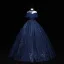 Vintage / Retro Navy Blue Prom Dresses 2022 Ball Gown High Neck Glitter Beading Sequins Lace Flower Short Sleeve Backless Floor-Length / Long Formal Dresses