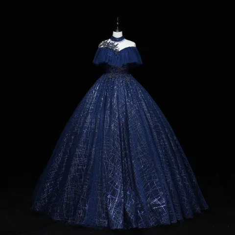 Vintage Marineblau Ballkleider 2022 Ballkleid Stehkragen Glanz Perlenstickerei Pailletten Spitze Blumen Kurze Ärmel Rückenfreies Lange Festliche Kleider